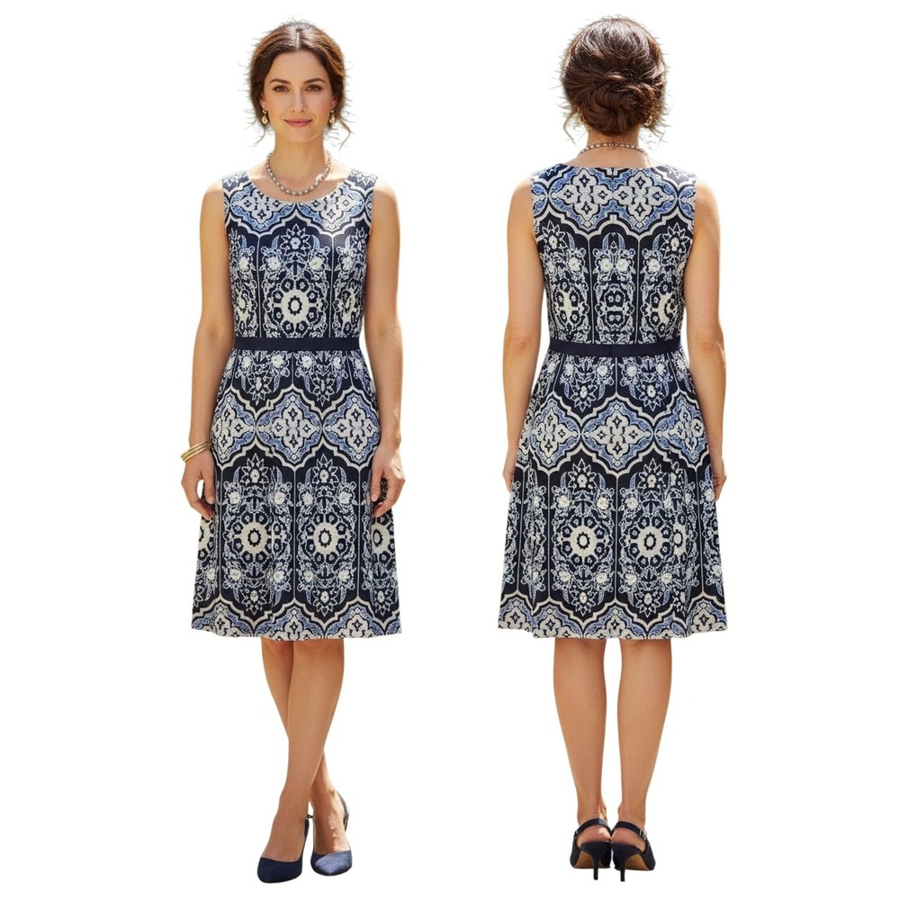 Talbots Navy Blue Medallion Damask Pique Fit Flare Dress 12 Sleeveless. Preppy